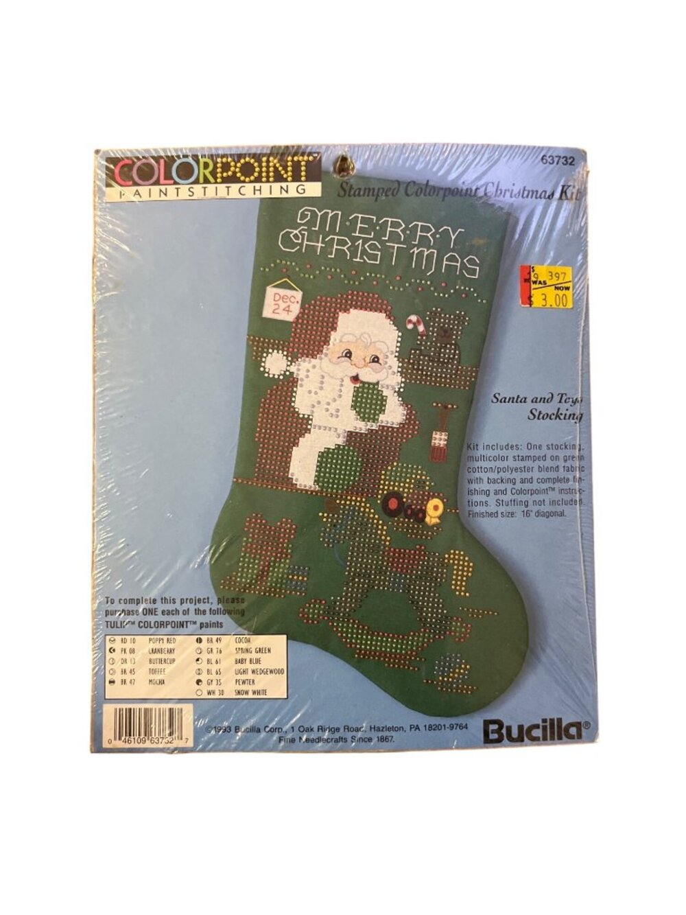 Vintage 1993 Bucilla Santa Toys Stocking Kit Colorpoint Paint Stitching 16” NOS